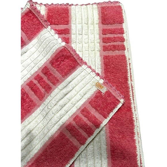 Vtg CONE Pink White Gold Stripe Textured Bath Towel Embroidered Edge Barbie Core - Picture 3 of 5